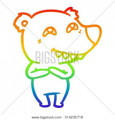 rainbow gradient line drawing of a cartoon bear showing teeth