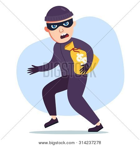 The Robber Stole A Bag Of Money. The Criminal Sneaks. Flat Character Illustration