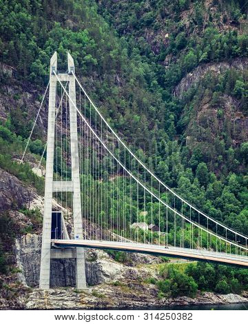 Hardanger Bridge Over Fjord Eidfjorden In Norway, Scandinavia, Hordaland County