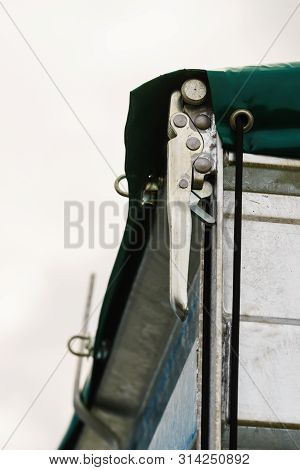 Close Up On Industrial Metal Made Handle Lock For Opening Semi Trailer