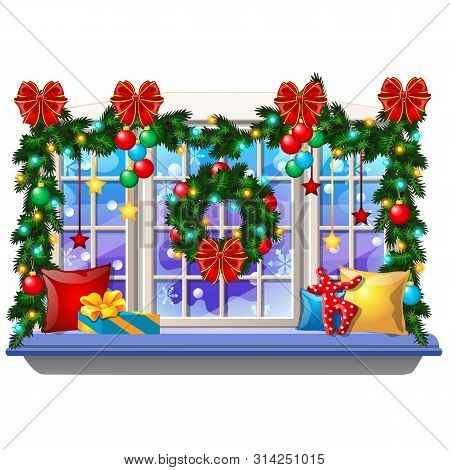 Cozy Interior Home Window With Decoraions And Baubles Isolated On White Background. Sample Of Christ