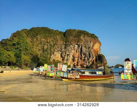 Thailand, Krabi Aonang Beach- February 19, 2019:  Floating Food Market. Fast Food Boats On The Beach