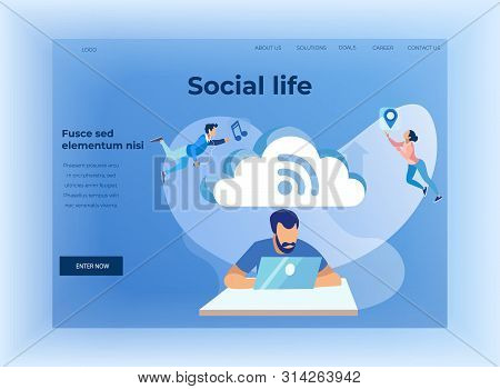 Social Life And Cloud Storage Text Design Landing Page. Cartoon Man Networking On Laptop Via Wi-fi I