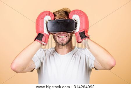 Sport. Man Use New Technology. Vr Boxing. Future Innovation. Modern Gadget. Training Boxing Game. Bo
