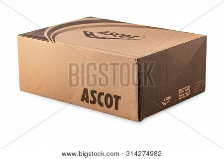 Kamchatka, Russia - 22 Jule 2019: Ascot Shoe Box Isolated On White Background. Ascot International L
