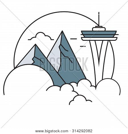 Mountain And Sky Tower Line Vector Illustration