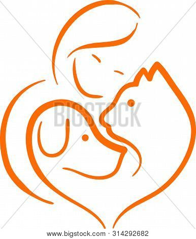 Pet Lover. People, Cat And Dog.pet Care Logo. Illustration Woman Hug Dog And Cat, Heart Pet