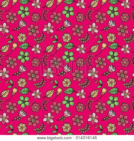 Colorful Flowers Seamless Pattern Decorative On Dark Rose Background Vector Illustration
