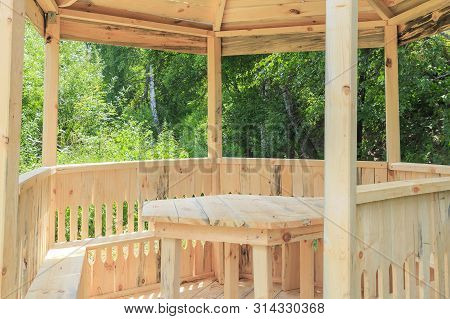 Wood Products, Bower. Carpentry Skill. Camping, A Shelter For Tourists. New Arbor, Gazebo Made Of Wo