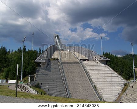 Oslo, Norway, 07/19/2019: Ski Jump In Holmenkollen. Summer Day