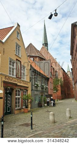 Bremen, Germany - 07 23 2015 - Scenic View Of Medieval Street Schnoor With Half-timbered Houses In T