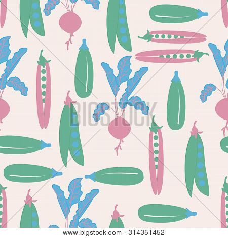 Pink, Blue And Green Vegetables In A Seamless Pattern Design