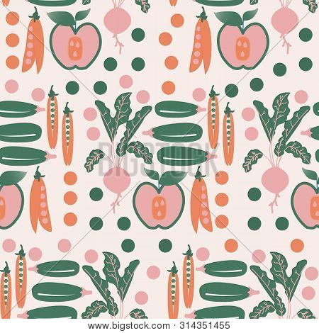 Pink, Orange And Green Vegetables In A Seamless Pattern Design