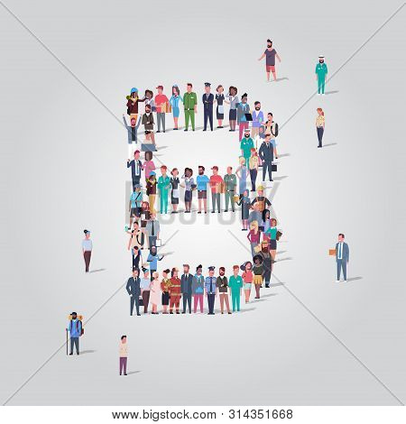 Big People Crowd Forming Shape Letter B Different Occupation Employees Group Standing Together Engli