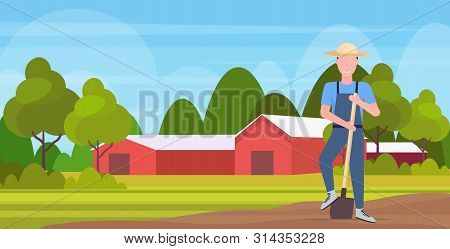 Gardener Holding Shovel Smiling Countryman Working On Field Agricultural Planting Harvesting Gardeni