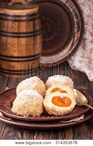 Austrian And Czech Sweet Dessert Apricot Dumplings. Filled Cottage Cheese Dough.
