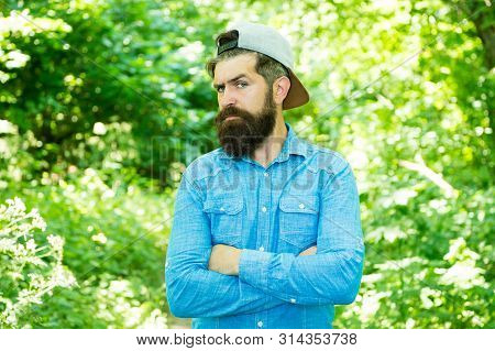Men Belong Here. Hair Beard Care. Guy In Forest. Summer Camping. Serious Bearded Man. Mature Hipster
