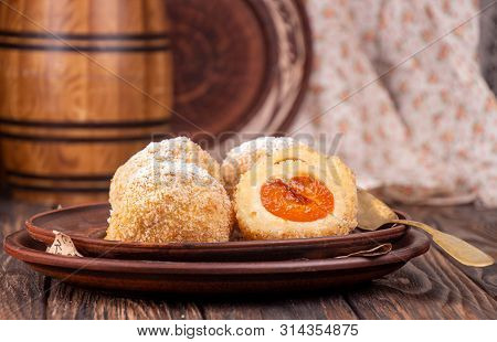 Austrian And Czech Sweet Dessert Apricot Dumplings. Filled Cottage Cheese Dough.