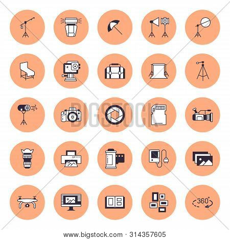 Photography Equipment Flat Line Icons. Digital Camera, Photos, Lighting, Video Photo Accessories, Me