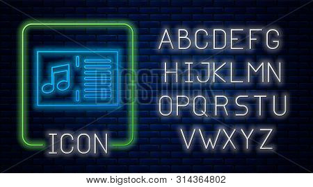Glowing Neon Music Book With Note Icon Isolated On Brick Wall Background. Music Sheet With Note Stav