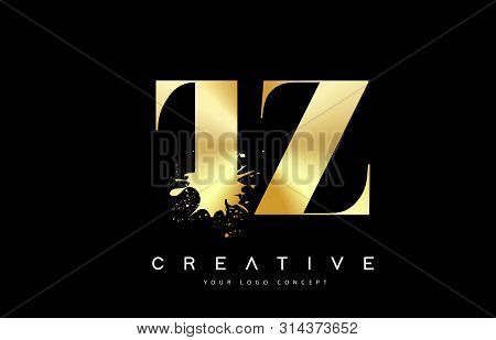 Tz T Z Letter Logo With Gold Melted Metal Splash Vector Design Illustration.