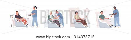 Collection Of Cute Funny Men And Women Sitting In Chairs And Donating Blood And Doctors Collecting I