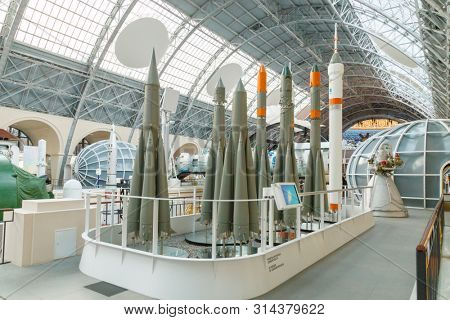 Moscow, Russia - November 28, 2018: Interior exhibition in the Space pavilion at VDNH. Modern museum of russian cosmos exploration.