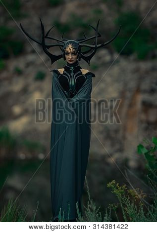 Dnipro, Ukraine- June 5, 2019: Cosplayer Portrays Death Goddess Hela From Marvel Comics.
