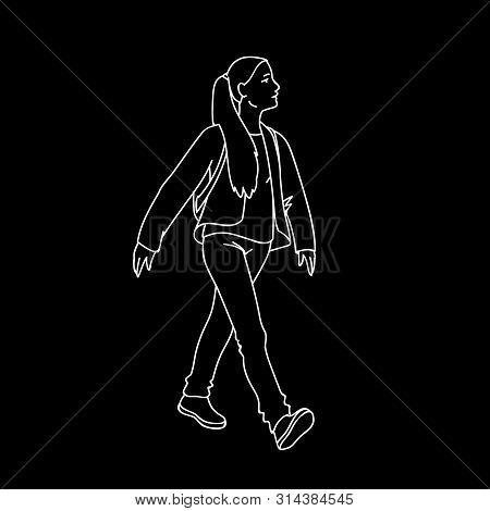 Cute Girl With Long Hair Taking A Walk. White Lines Isolated On Black Background. Vector Illustratio
