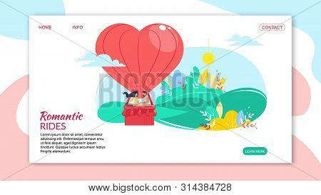 Romantic Rides, Loving Happy Couple In Heart Shaped Air Balloon Flying In Cloudy Sky. Love Story Pos