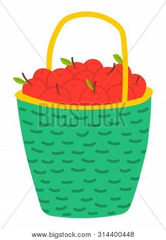 Red Apples In Basket, Agriculture Theme Concept. Vector Ripe Fruits, Seasonal Delicious Product, Gar