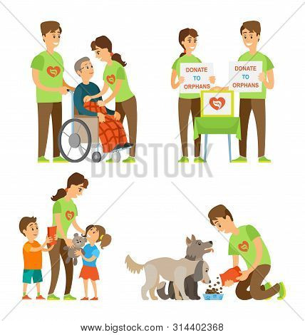 Man And Woman Volonteer Help Disabled On Wheelchair, Feed Dogs, Donate To Orphans, Share Toy To Chil