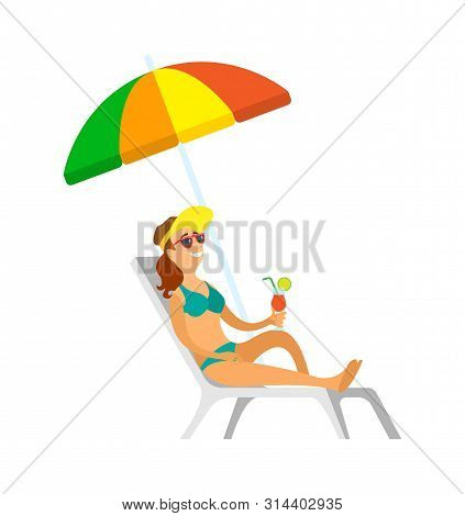 Lady Sitting Under Umbrella Making Shade Vector. Woman On Vacation Drinking Cocktail And Enjoying Su