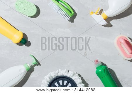 House Cleaning Products On Wooden Table. Salt Pelets, Baking Soda (sodium Bicarbonate), Detergent, S