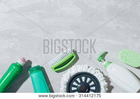 House Cleaning Products On Wooden Table. Salt Pelets, Baking Soda (sodium Bicarbonate), Detergent, S