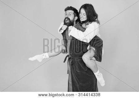 Romantinc Couple In Love. Happy Family. Woman And Man In Robe. Perfect Morning. Having Fun. Happy Co