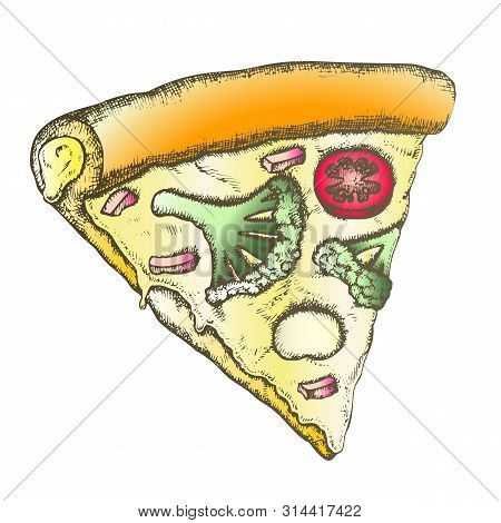 Color Vegetarian Italian Slice Pizza Monochrome Vector. Cooked Slice Cheese Pizza With Ingredients R