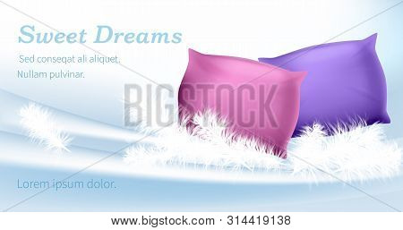Sweet Dreams Horizontal Banner, Pink And Purple Rectangular Pillows Stand On White Feathers And Silk