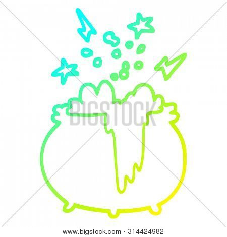 cold gradient line drawing of a cartoon witchs cauldron