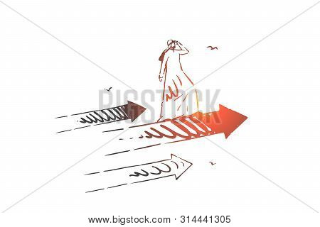 Startup, Leadership, Growth, Winner, First Concept Sketch. Arab In Traditional Hijab Flying Up Stand