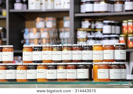 Paris France - May 23, 2019: Jam Shop Display At Marche Des Enfants Rouges Market Paris France