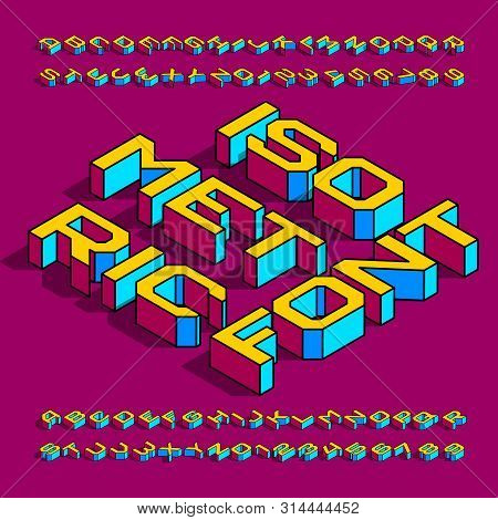 Isometric Alphabet Font. 3d Effect Simple Geometric Letters, Numbers And Symbols With Shadow. Stock 