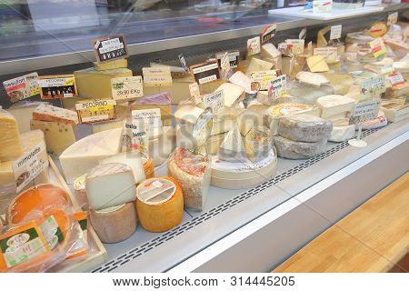 Paris France - May 23, 2019: Cheese Shop Display At Marche Des Enfants Rouges Market Paris France