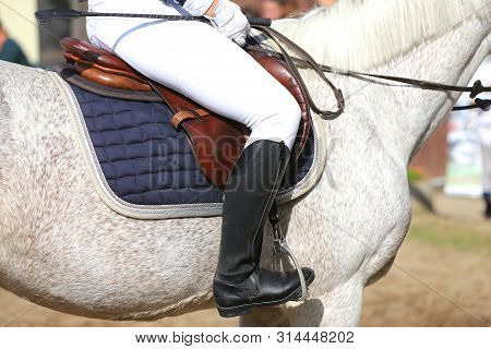 Beautiful Handmade Dressage Horse Riding Saddle With Girth, Stirrup On Saddle Pad On The Racetrack