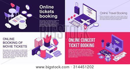 Online Tickets Booking Banner Set. Isometric Set Of Online Tickets Booking Vector Banner For Web Des