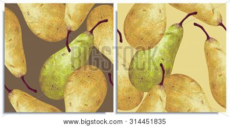 Vector Set Of Seamless Patterns With Hand-drawn Harvest Juicy, Delicious Rich Soft Pears Conference,