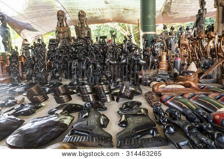 African Wooden Art Souvenir Sold On  Open Air Market In Maputo, Mozambique