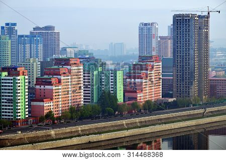 Pyongyang, North Korea -  April 30, 2019: Skyline And Taedong River In The Morning Fog. View On Mode