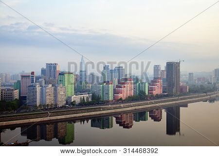 Pyongyang, North Korea -  April 30, 2019: Skyline And Taedong River In The Morning Fog. View On Mode