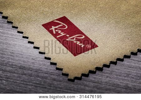 Siofok / Hungary - July 8, 2019: Textured Commercial Brand Logo Of Ray-ban Sunglasses On Official Wi
